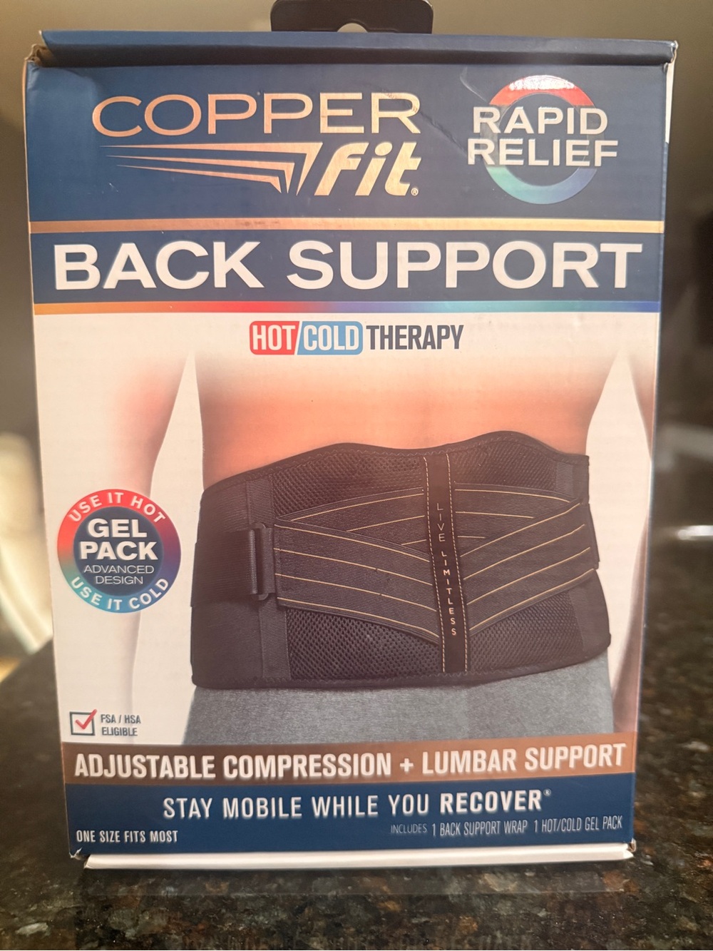 Copper fit Rapid Relief Back Support 3-in-1 Adjustable Hot/Cold Therapy Gel Pack